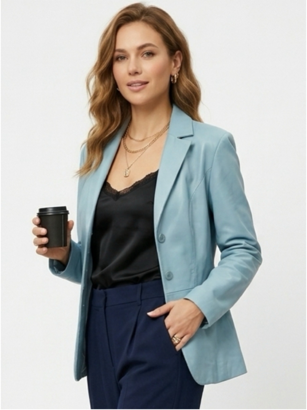 Danier blue leather women’s blazer jacket, trendy Y2K work office date night